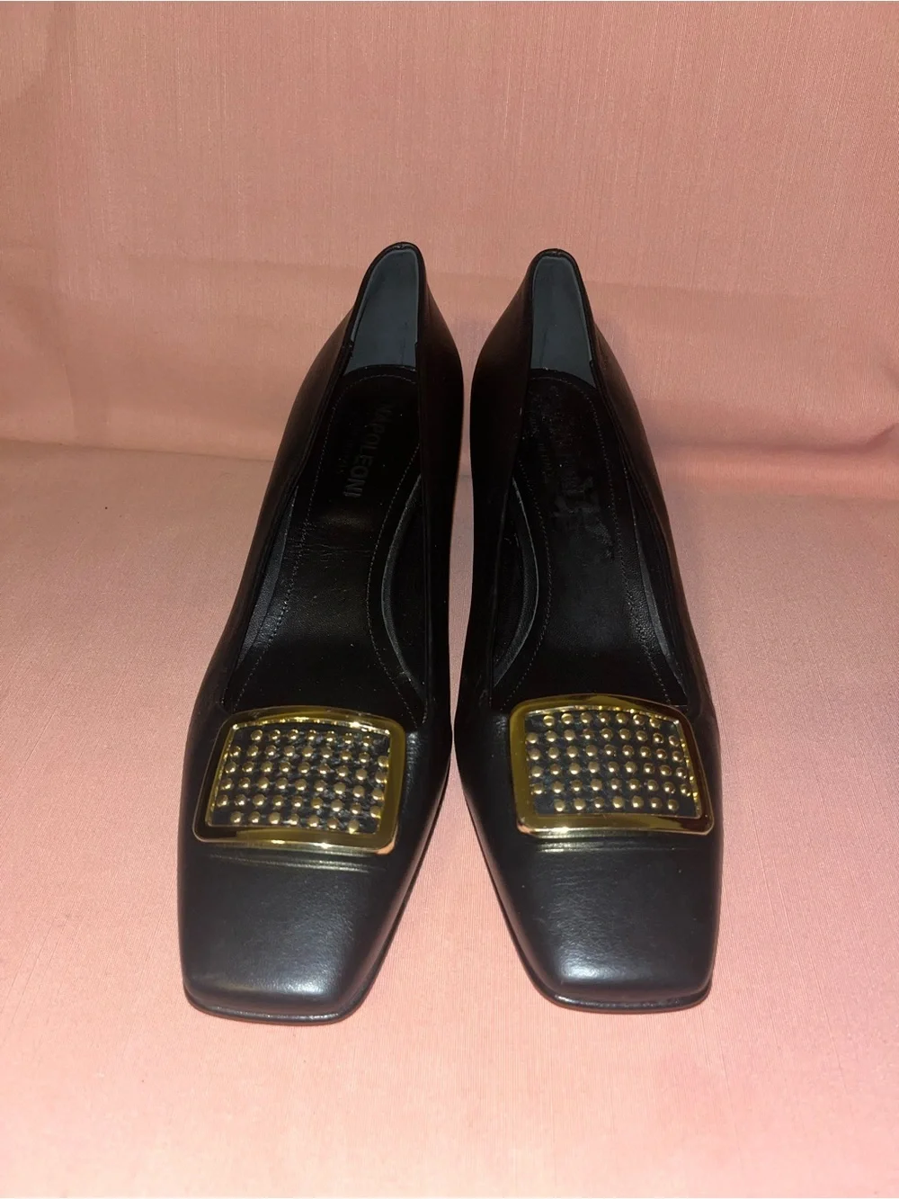 Napoleoni Black Women's leather Square-Toe Flats with Gold Studded Buckle Accent